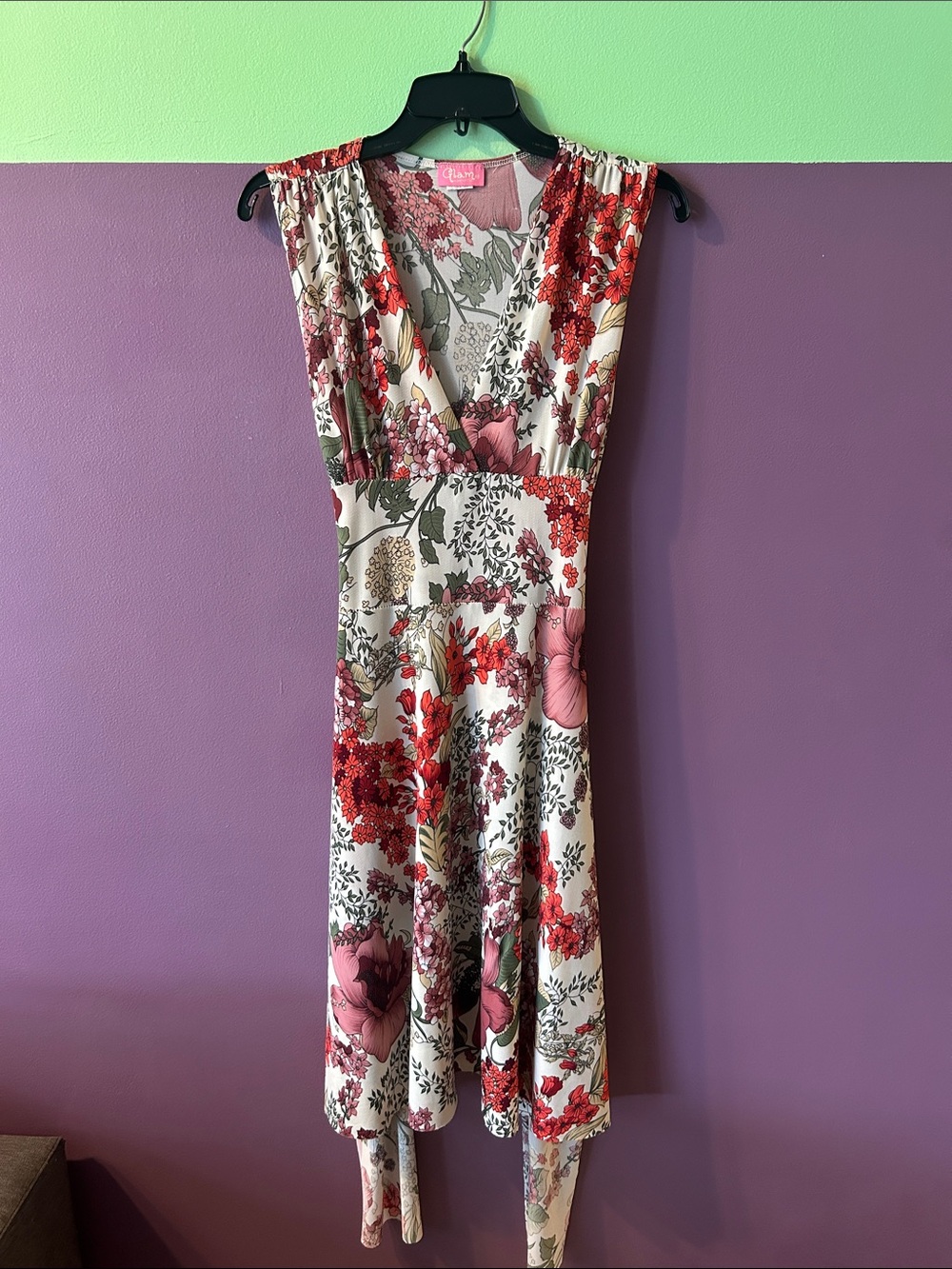 glam V-Neck Floral High-Low Dress in Cream, Pink & Red